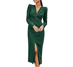 Women's Fall Fashion 2023 Long Puff Sleeve Maxi Dresses V Neck Twist Front Formal Dress with Slit | Amazon (US)
