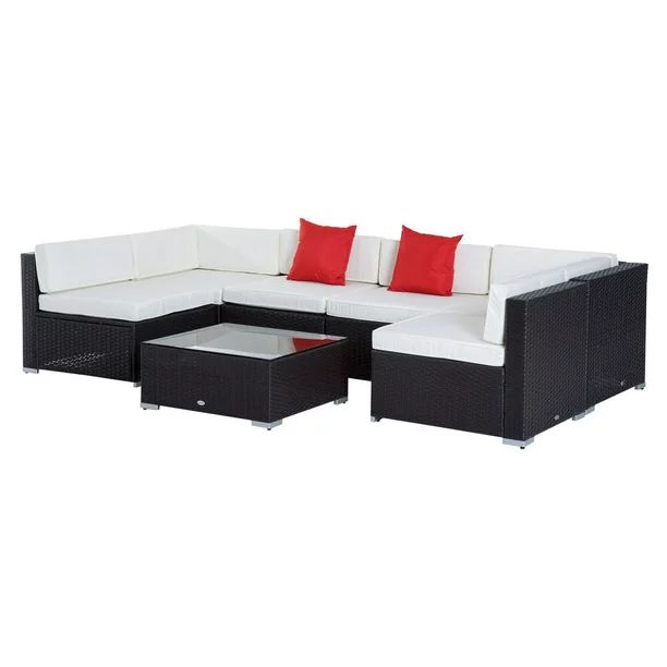 Outsunny Rattan Wicker 7 Piece Sectional Patio Conversation Set With White Cushions | Walmart (US)