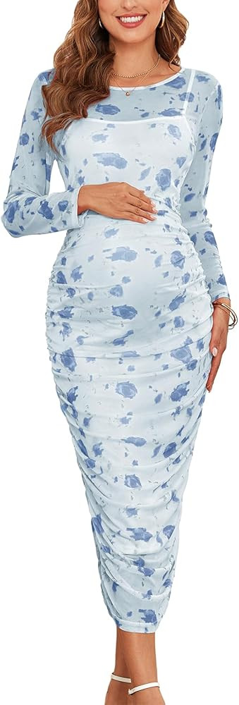 2024 Women's Maternity Floral Print Mesh Dress Ruched Side Bodycon Long Sleeve Round Neck Maxi Pr... | Amazon (US)