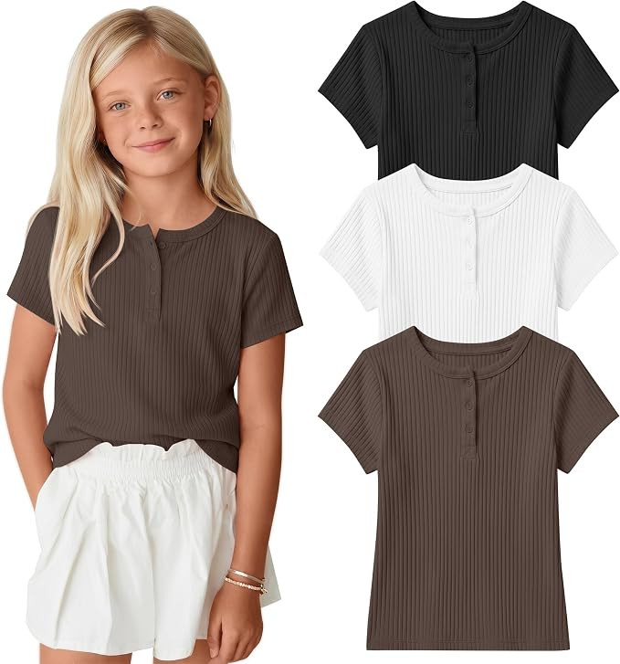3 Pack Girls Henley Ribbed T Shirts | Amazon (US)