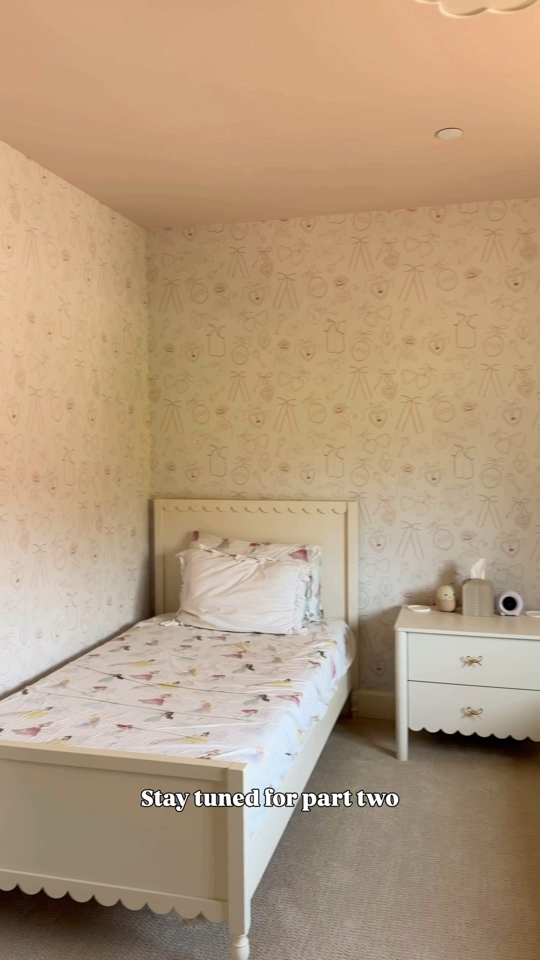 Part 1 of the girls’ shared room makeover! 💕 Toddler girls shared room makeover with new paint, wallpaper, scallop furniture, Penny twin beds, ceiling light, scallop nightstand, and bow mirror

#LTKsummer #LTKhome #LTKkids