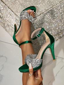 Women's Buckle Design Pointed Toe Waterproof Platform High Heel Sandals, Glamorous Shiny Green Hi... | SHEIN