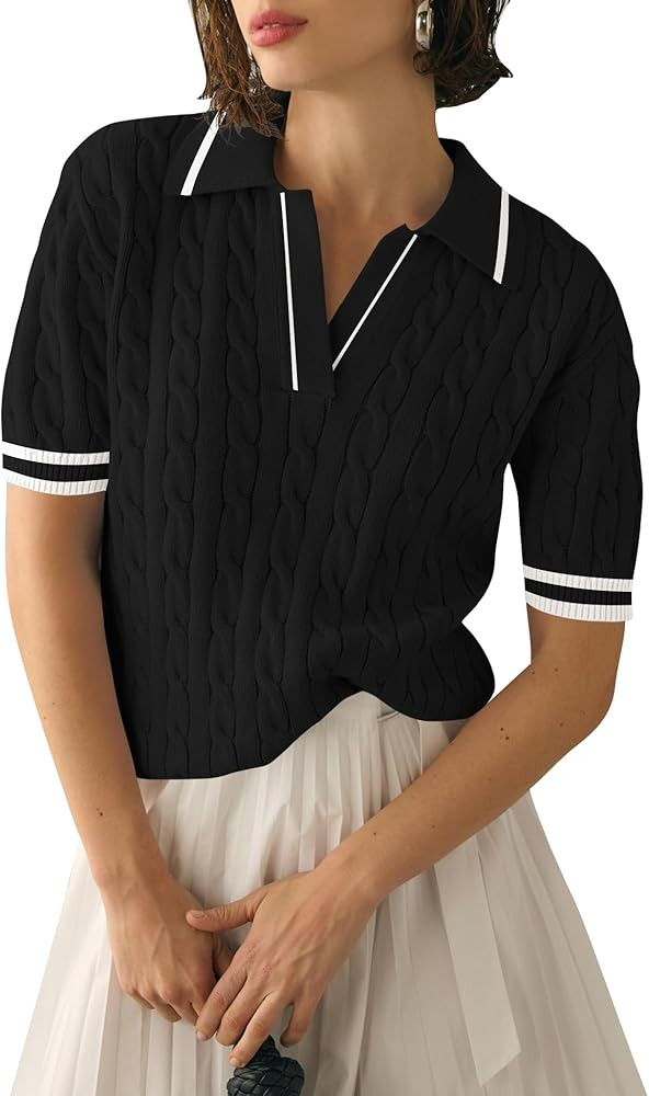 Micoson Womens Short Sleeve Sweater Tops Lapel V Neck Loose Shirts 2025 Summer Cable Knit Busines... | Amazon (US)