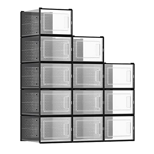 SONGMICS Shoe Boxes, Pack of 12 Shoe Storage Organizers, Stackable Clear Plastic Boxes for Closet, Sneakers, 13.7 x 9.9 x 7.4 Inches, Transparent and Black ULSP007B12 | Amazon (US)