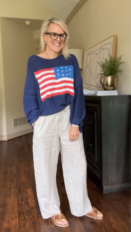 Great Americana sweater paired with linen pants makes a perfect beach look. The sweater is oversized I sized up to a medium, probably would go with the small. It’s lightweight and breathable.

Social threads 

#LTKSeasonal #LTKstyletip #LTKover40