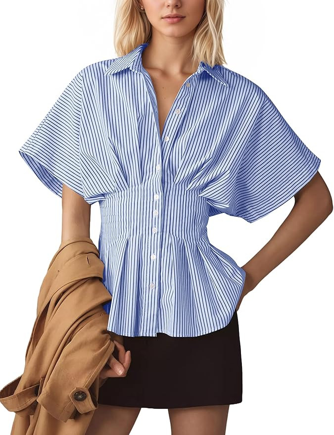 Womens Striped Button Down Shirts Short Sleeve Pleated Peplum Shirts Dressy Casual Lapel Tops Sum... | Amazon (US)