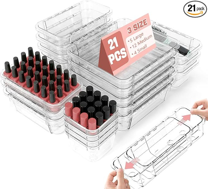 21 PCS Extendable Drawer Organizer Set, 3-Size Clear Acrylic Adjustable Vanity Storage Box, BPA-F... | Amazon (US)