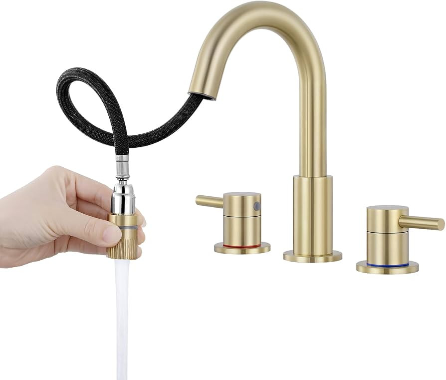 FGKQ Brushed Gold Bathroom Faucet 3 Hole with Pull Down Sprayer 2 Modes, Pull Down Bathroom Sink ... | Amazon (US)