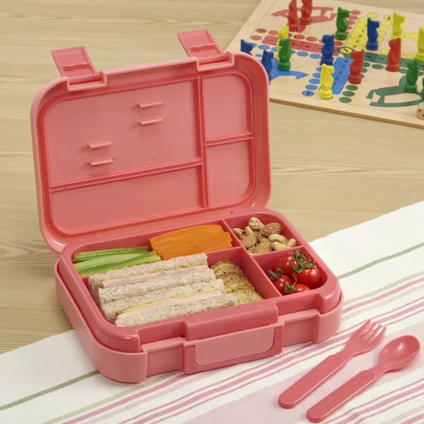 Your Zone Back to School Plastic Bento Box with 4 Compartments, 1 Fork and 1 Spoon, Pink | Walmart (US)