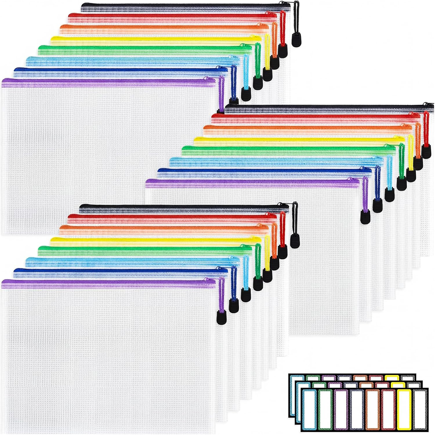 EOOUT 24pcs A4 Zipper Pouch Bags, Mesh Pouch Bags with Labels for Board Games & Puzzles Supplies, Waterproof Document Zipper Cases for School Toys Office Cosmetics Travel Storage,8 Colors | Amazon (US)