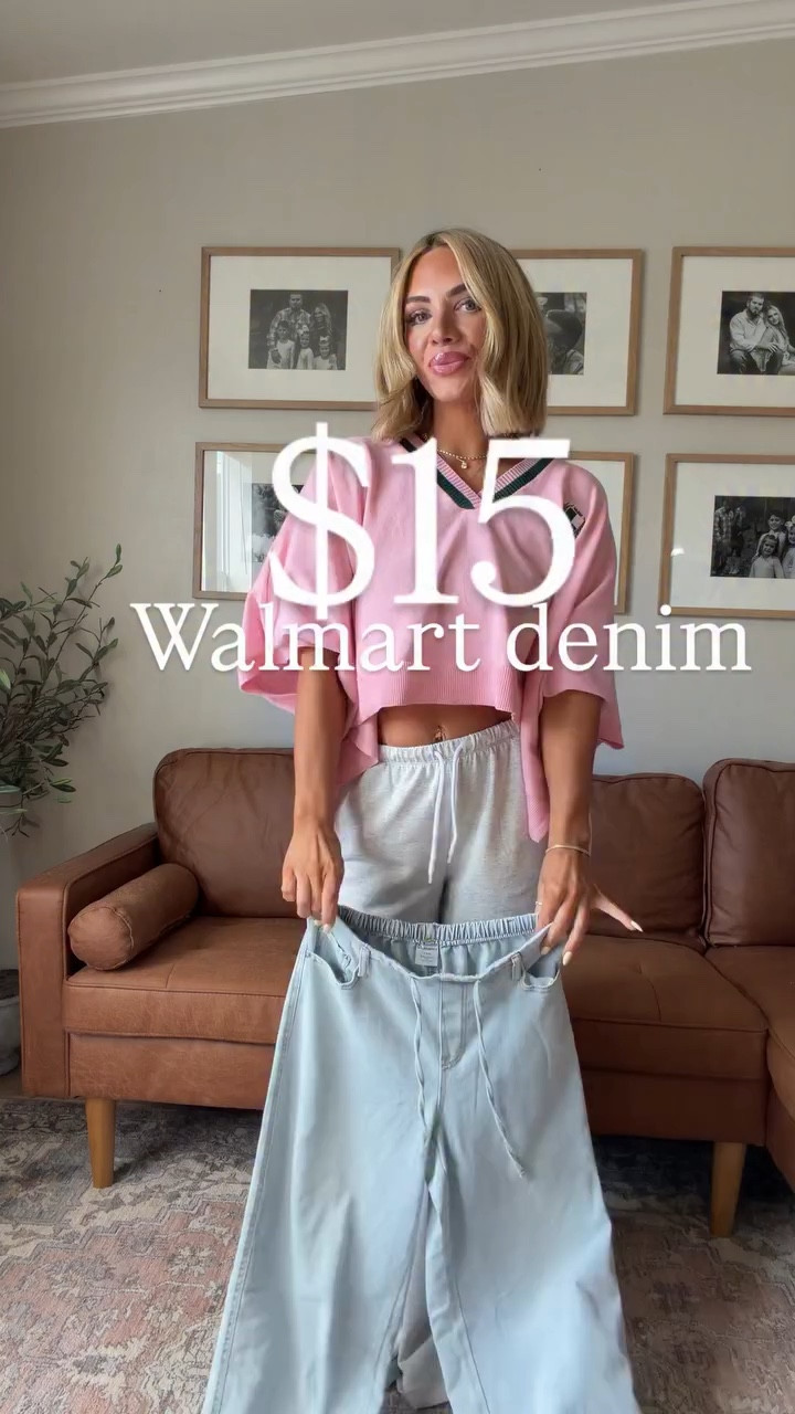 Type SHOP, new $15 Walmart pullon denim pants. I’m wearing a size xs & they’re so soft & also come in a darker wash color. Size small in the pink crop slouchy sweater top that I loveeeee! #walmart #walmartfashion #denim #casualoutfits #everydayoutfit