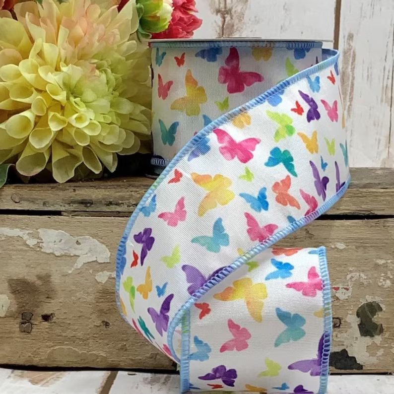 Bright Watercolor Butterflies Grosgrain WIRED Designer Ribbon 4 Inches by 10 Yards - Etsy | Etsy (US)
