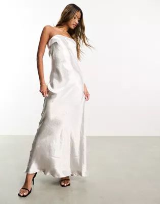 Aria Cove hammered satin bandeau open back maxi dress in silver | ASOS (Global)
