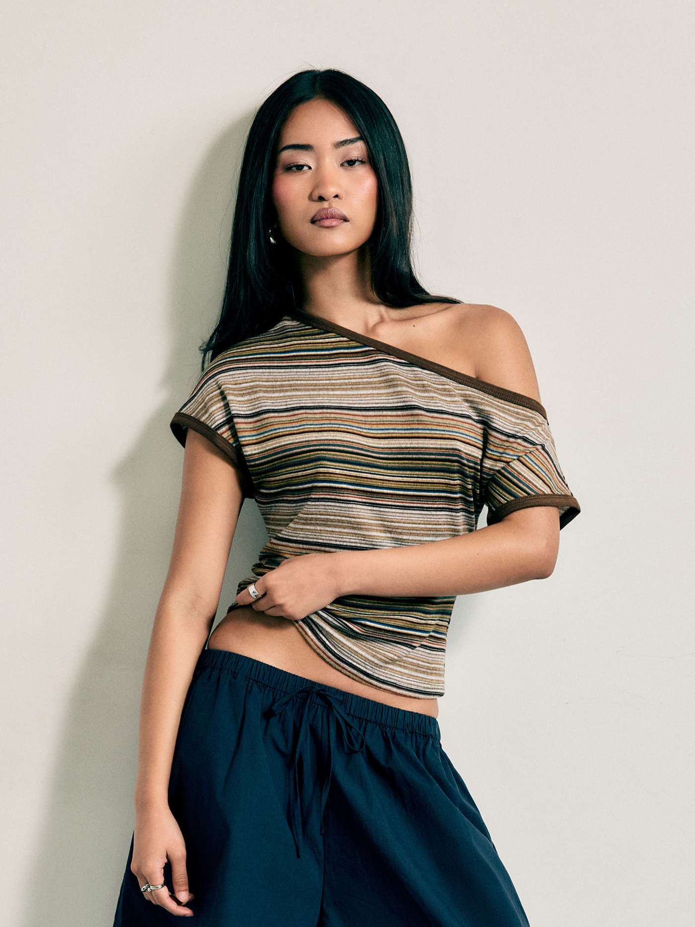 Knit Fabric Striped Asymmetrical Neck Short Sleeve Top For Daily Casual | Cider