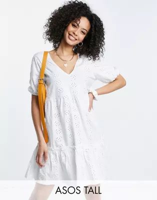 ASOS DESIGN Tall eyelet v neck smock dress with puff sleeve in white | ASOS (Global)