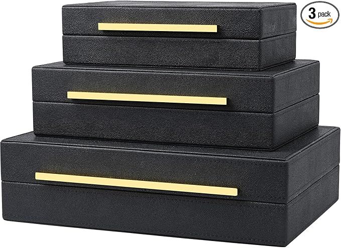 Black Shagreen Box Faux Leather Set Of 3 Pcs Storage Decorative Boxes,Modern Stacking Decorative ... | Amazon (US)