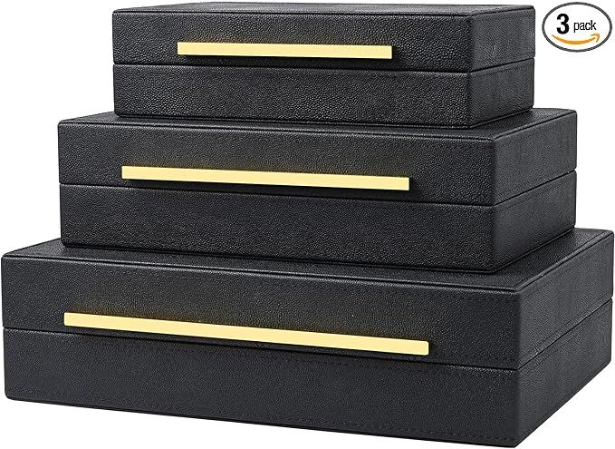 Black Shagreen Box Faux Leather Set Of 3 Pcs Storage Decorative Boxes,Modern Stacking Decorative ... | Amazon (US)
