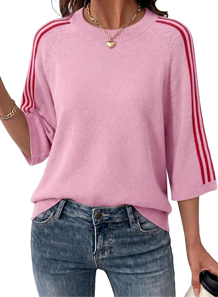 Dokotoo Womens Sweaters Casual Fall Cute Sweaters Knit Tops Pink | Amazon (US)