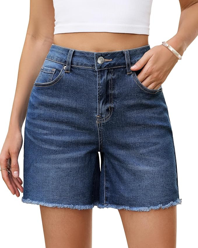 Jean Shorts for Women High Waisted Raw Hem Distressed Strethcy Long Denim Shorts Mid Thigh Summer... | Amazon (US)