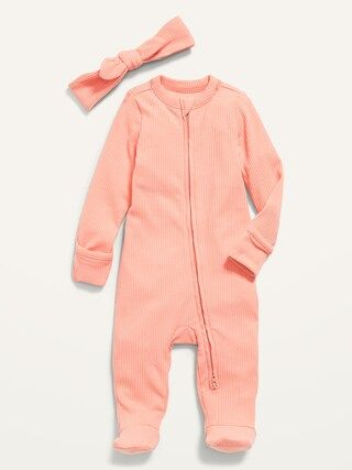 Unisex Sleep &amp; Play 2-Way-Zip Footed One-Piece &amp; Headband Layette Set for Baby | Old Navy (US)