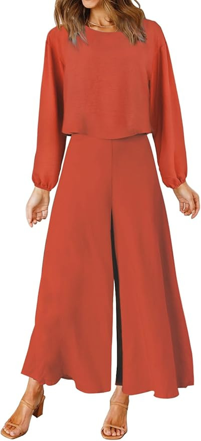 ROYLAMP Women's Summer 2 Piece Outfits Round Neck Crop Basic Top Cropped Wide Leg Pants Set Jumps... | Amazon (US)