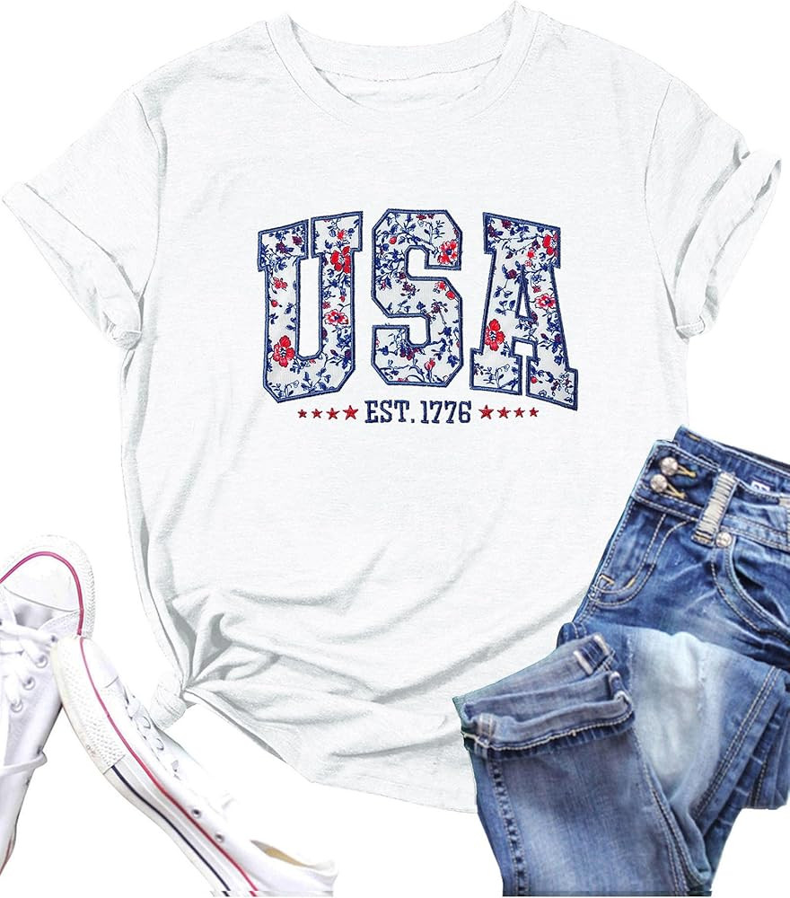 LAZYCHILD American Flag Shirts for Women 4th of July T-Shirt USA Flag Graphic Patriotic Short Sle... | Amazon (US)