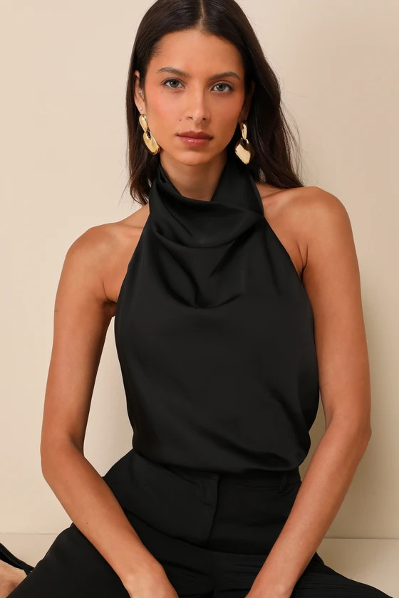 Chic Event Black Satin Cowl Backless Halter Top | Lulus