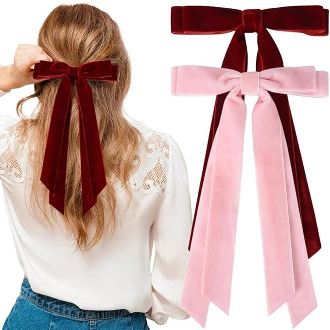 2PCS Velvet Hair Bows Hair Clip Red Pink Hair Ribbon Bowknot With Long Tail Ponytail Holder Acces... | Amazon (US)