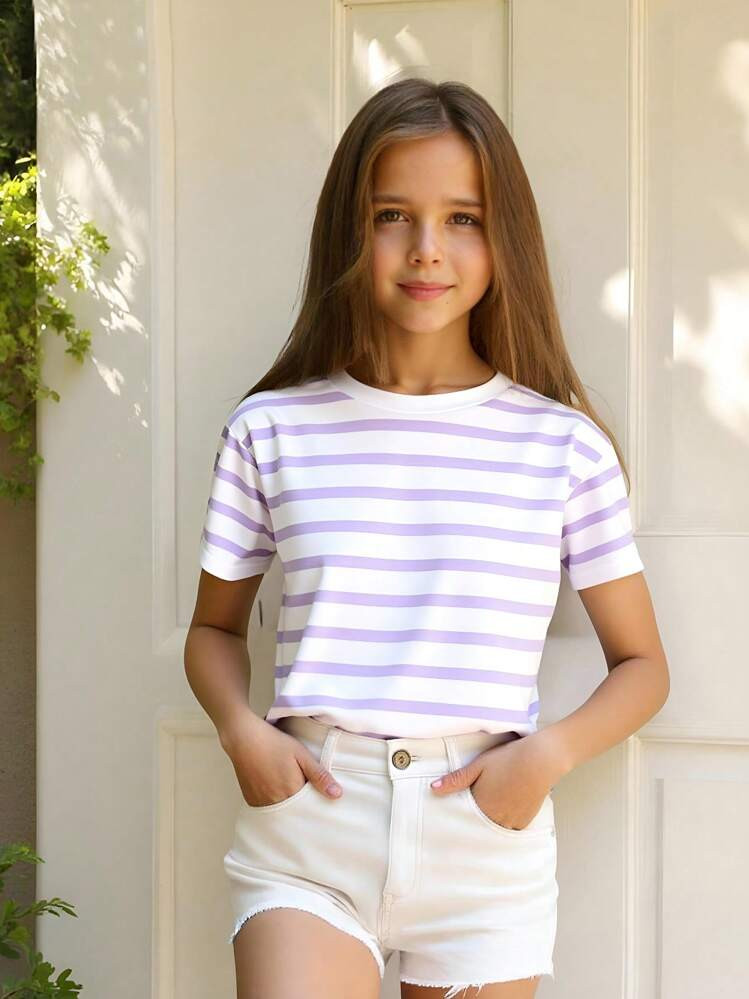 Tween Girls' Striped Print Round Neck Loose Fit Purple Casual T-Shirt Purple Striped Tee | SHEIN