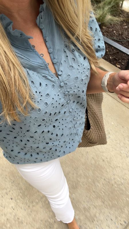 Business casual outfit for the office! 

Amazon tops, Amazon workwear, work wear, smart casual, summer outfits, white jeans, sandals, Amazon fashion, Amazon blogger, Amazon finds, outfit of the day, work tops, blue tops

#LTKFindsUnder50 #LTKOver40 #LTKVideo