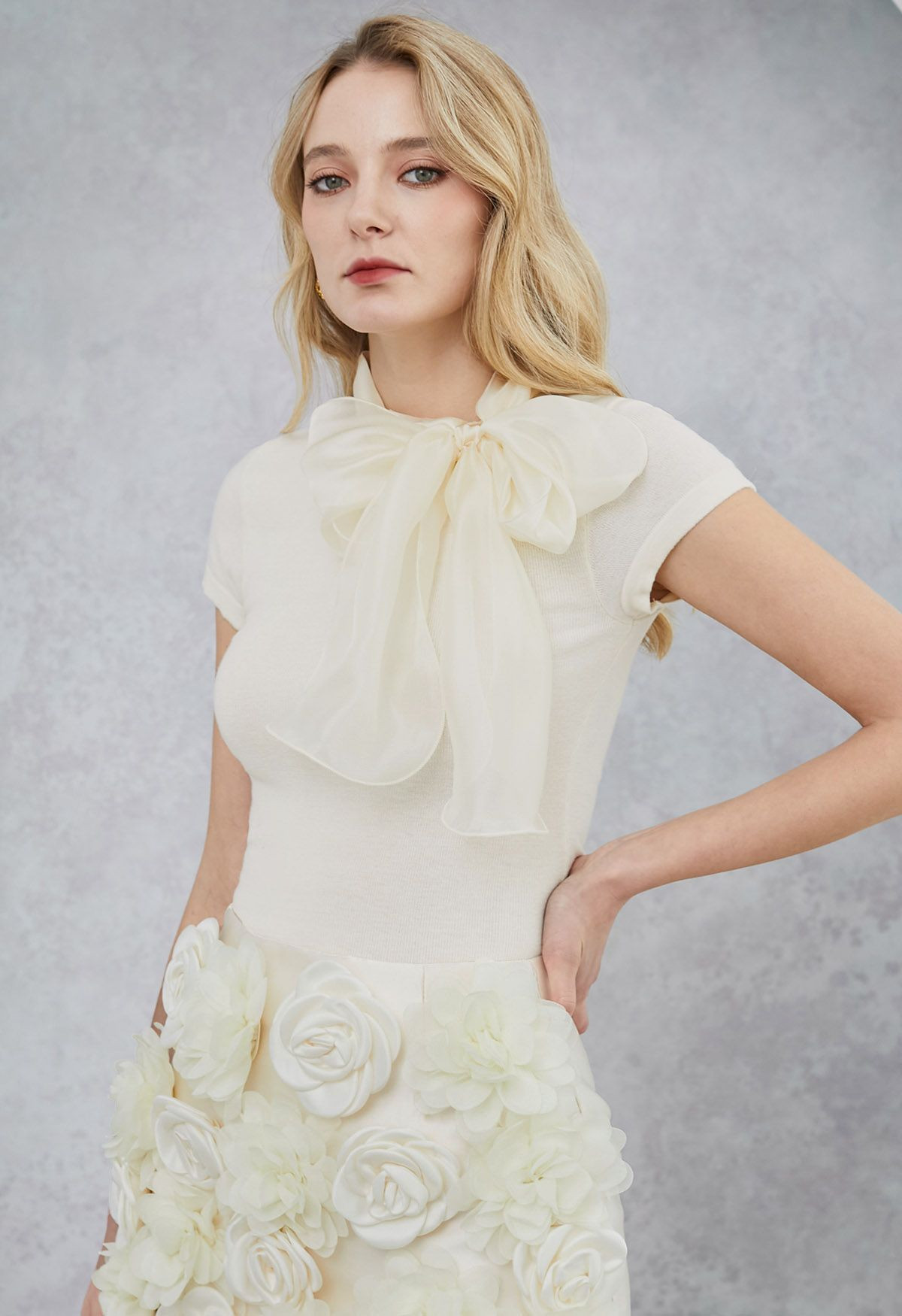 Organza Self-Tie Bowknot Short Sleeves Knit Top in Cream | Chicwish