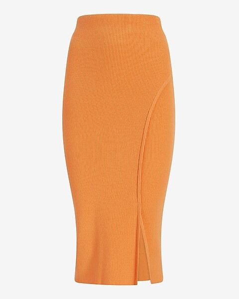 Body Contour Ribbed Faux Wrap Front Slit Midi Skirt | Express