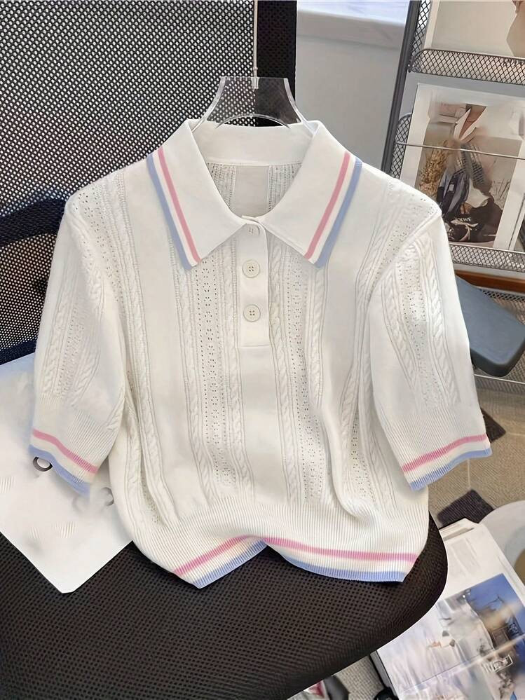 Summer Hollow Design Polo Collar Casual Knitted Top, Versatile College Style White | SHEIN