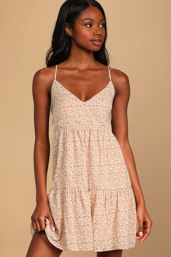 Blissful Beauty Peach Floral Print Tiered Mini Dress | Lulus (US)