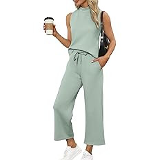 SAMPEEL Two Piece Sets for Women Summer Outfits Lounge Sets Mock Neck Tops Wide Leg Crop Pants Va... | Amazon (US)