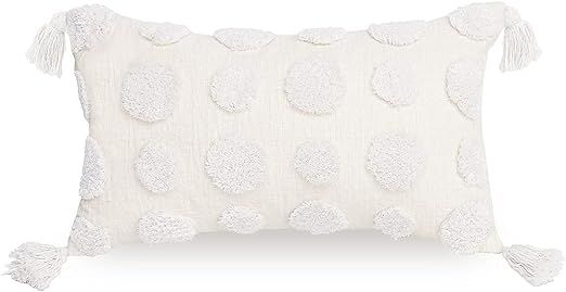PLWORLD Boho White Lumbar Throw Pillow Cover 12x20 Inch with Tassels, Pom Pom Tufted Cream Chenil... | Amazon (US)
