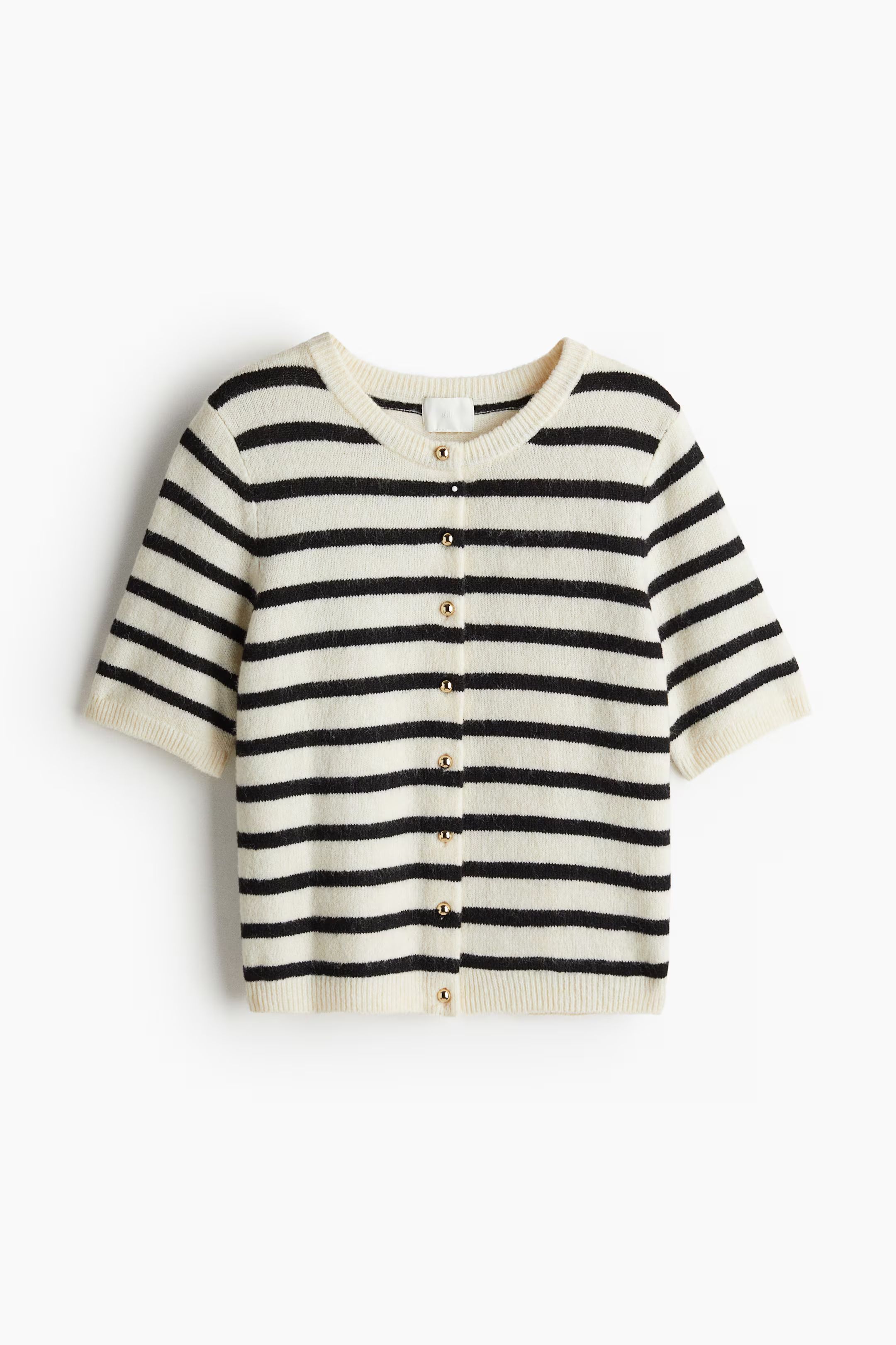 Knit Cardigan - Round Neck - Short sleeve - Cream/striped - Ladies | H&M US | H&M (US + CA)