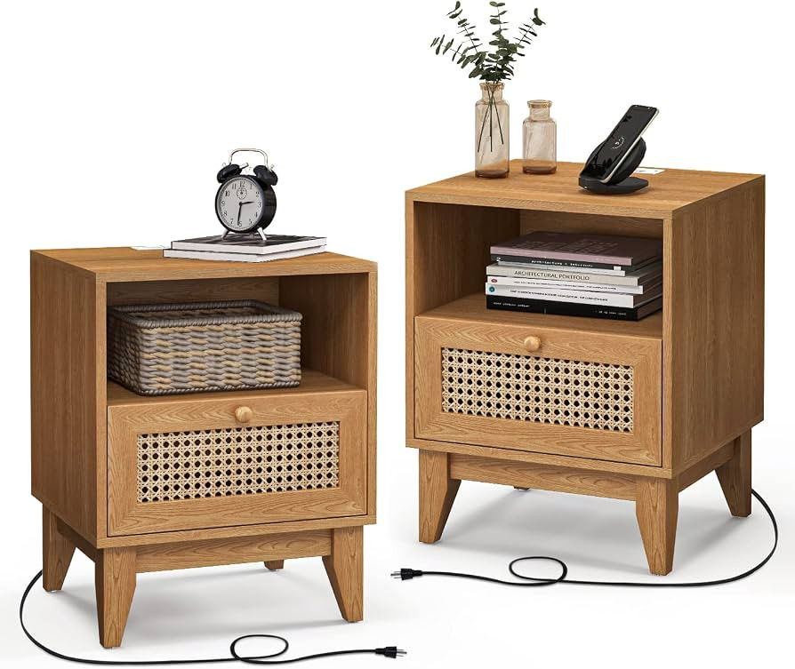 TOLEAD Nightstands Set of 2 with Charging Station, Rattan Night Stand Boho Accent End Side Table ... | Amazon (US)