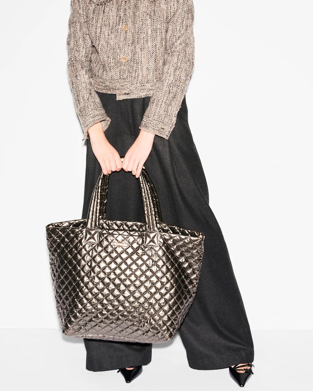 Large Deluxe Metro Quilted Tote Bag in Moondust Metallic Lacquer | MZ Wallace | MZ Wallace
