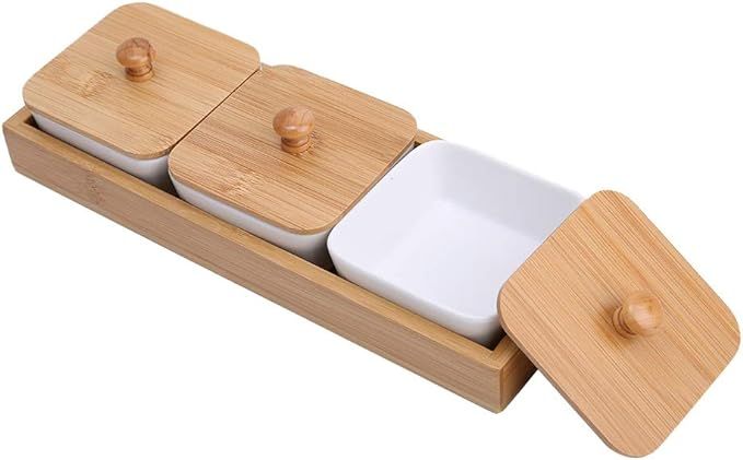 Ceramic Appetizer Serving Plate with Bamboo Tray Cover Snacks Tray fit for Wide Variety of Deskto... | Amazon (US)