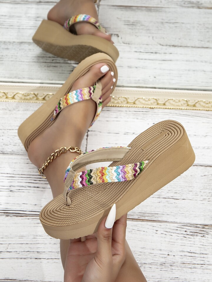 Women Toe Post Design Braided Detail Wedge Slide Sandals, Vacation Outdoor PP Wedge Sandals | SHEIN