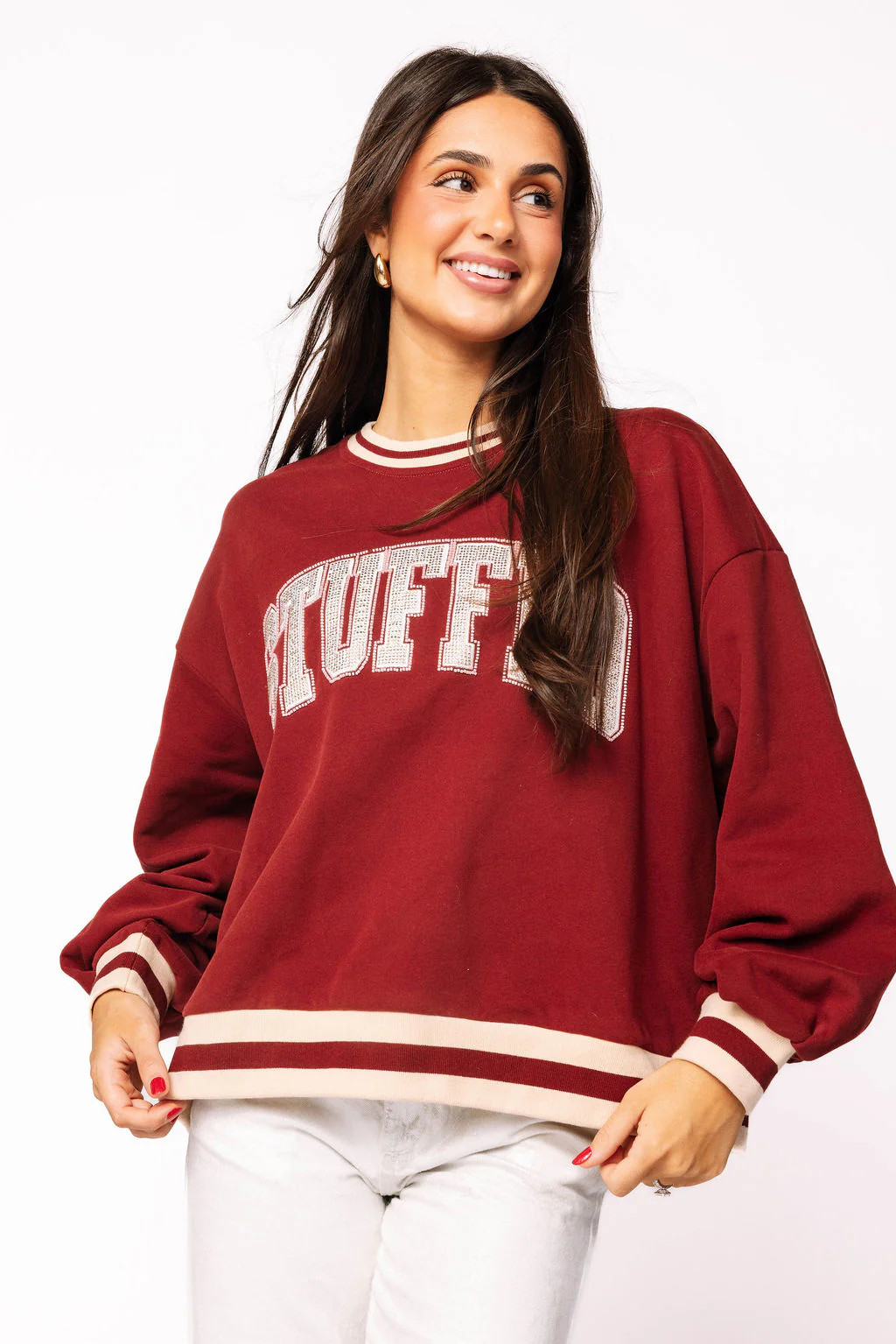Maroon & Ivory Rhinestone 'Stuffed" Sweatshirt | Queen of Sparkles