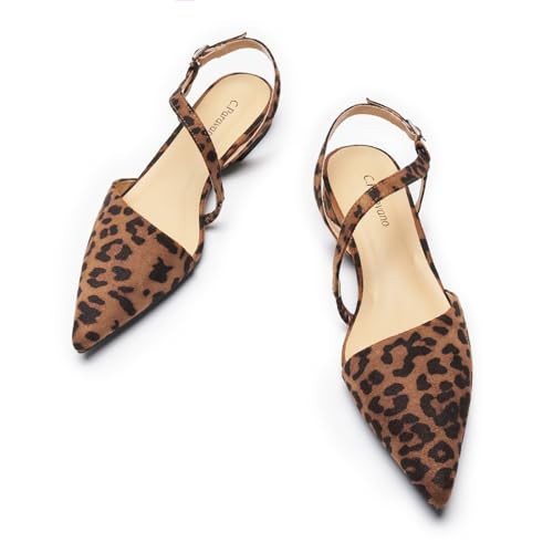 C.Paravano Women's Slingback Flats with S-Curve Strap - Leopard Print Pointed Toe Slip-On Shoes | Adjustable Back Comfortable Flat Sandals(Size 9.5,Leopard) | Amazon (US)