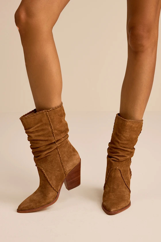 Julith Light Brown Suede Stitched Slouchy Mid-Calf Boots | Lulus