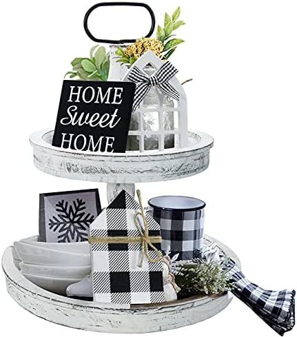 Farmhouse Decor, Two Tiered Tray White with 3 Wood Cute Signs, Wooden Rustic Modern Decorations Item | Amazon (US)