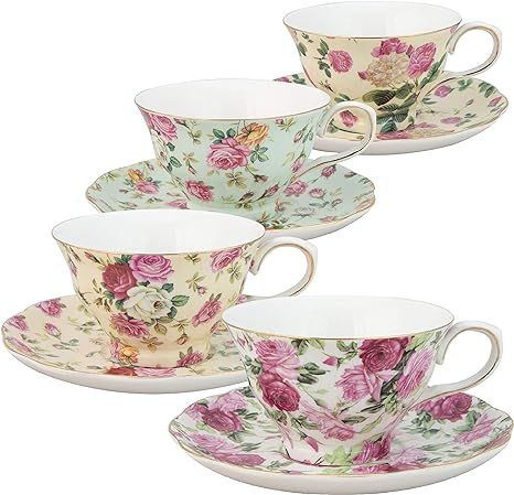 Gracie China by Coastline Imports Rose Chintz 8-Ounce Porcelain Tea Cup and Saucer, Set of 4 | Amazon (US)