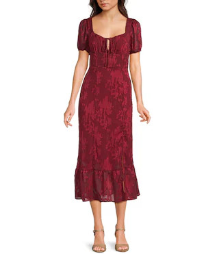 I.N. San Francisco Floral Print Sweetheart Neck Short Puff Sleeve Tie Front Midi Dress | Dillard'... | Dillard's