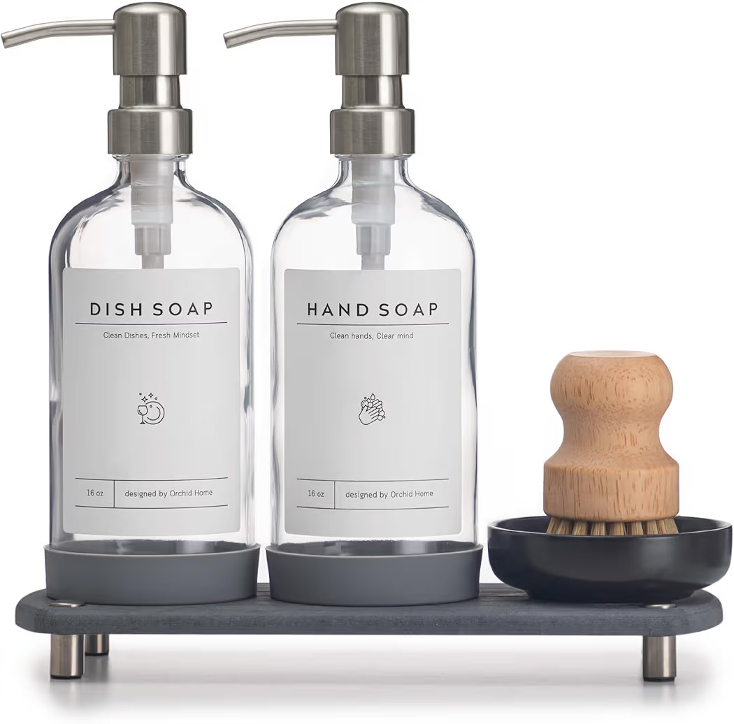 [Luxury] Kitchen Soap Dispenser Set - 16OZ Clear Glass Bottle, Stainless Steel Pump, Instant Dry ... | Amazon (US)