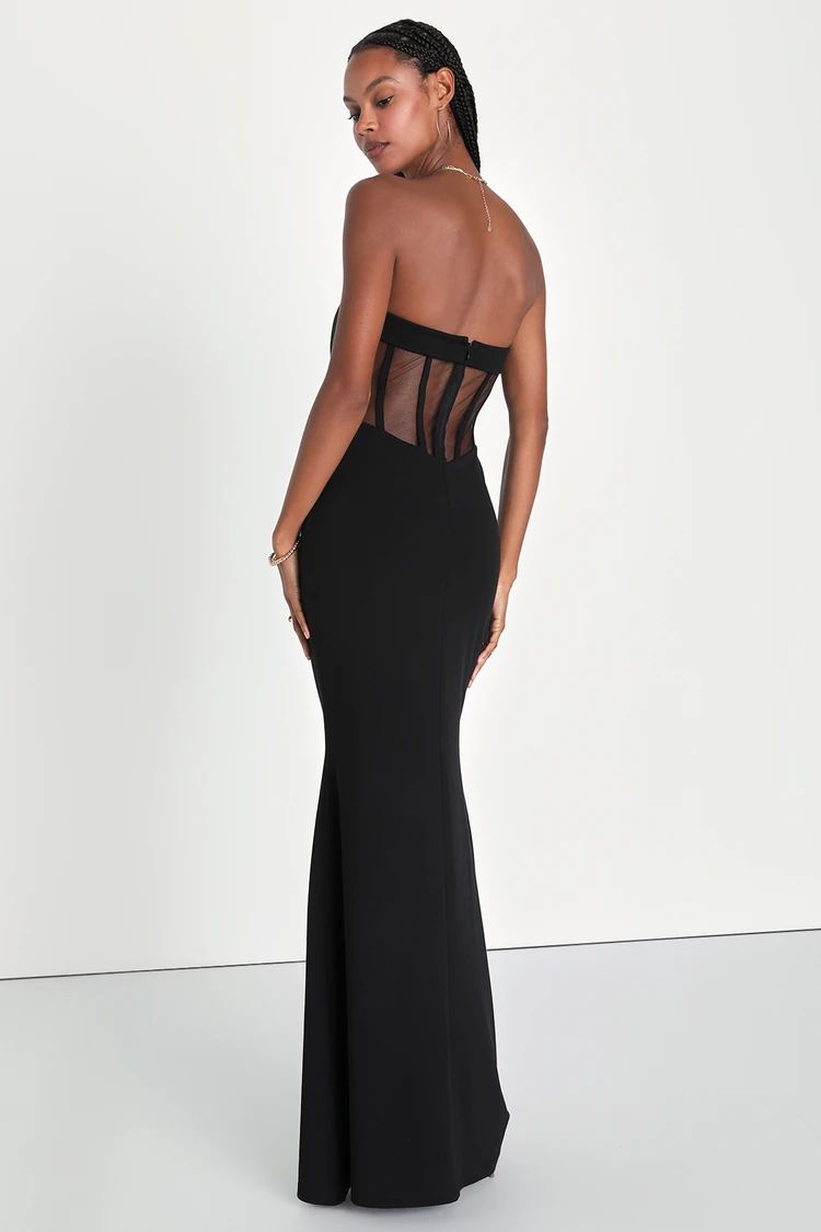 Iconic Arrival Black Strapless Bustier Mermaid Maxi Dress | Lulus