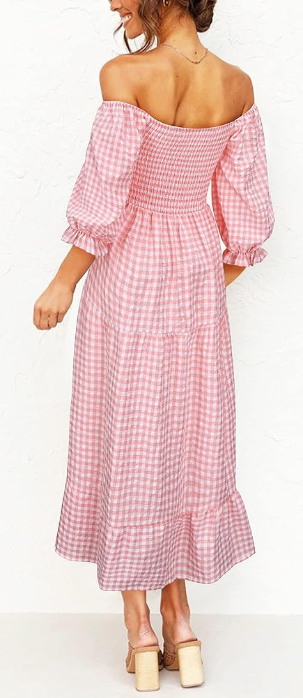 UIMLK Women's Boho Flowy Cottagecore Puff Sleeve Off The Shoulder Summer Casual Plaid Ruffle Midi... | Amazon (US)